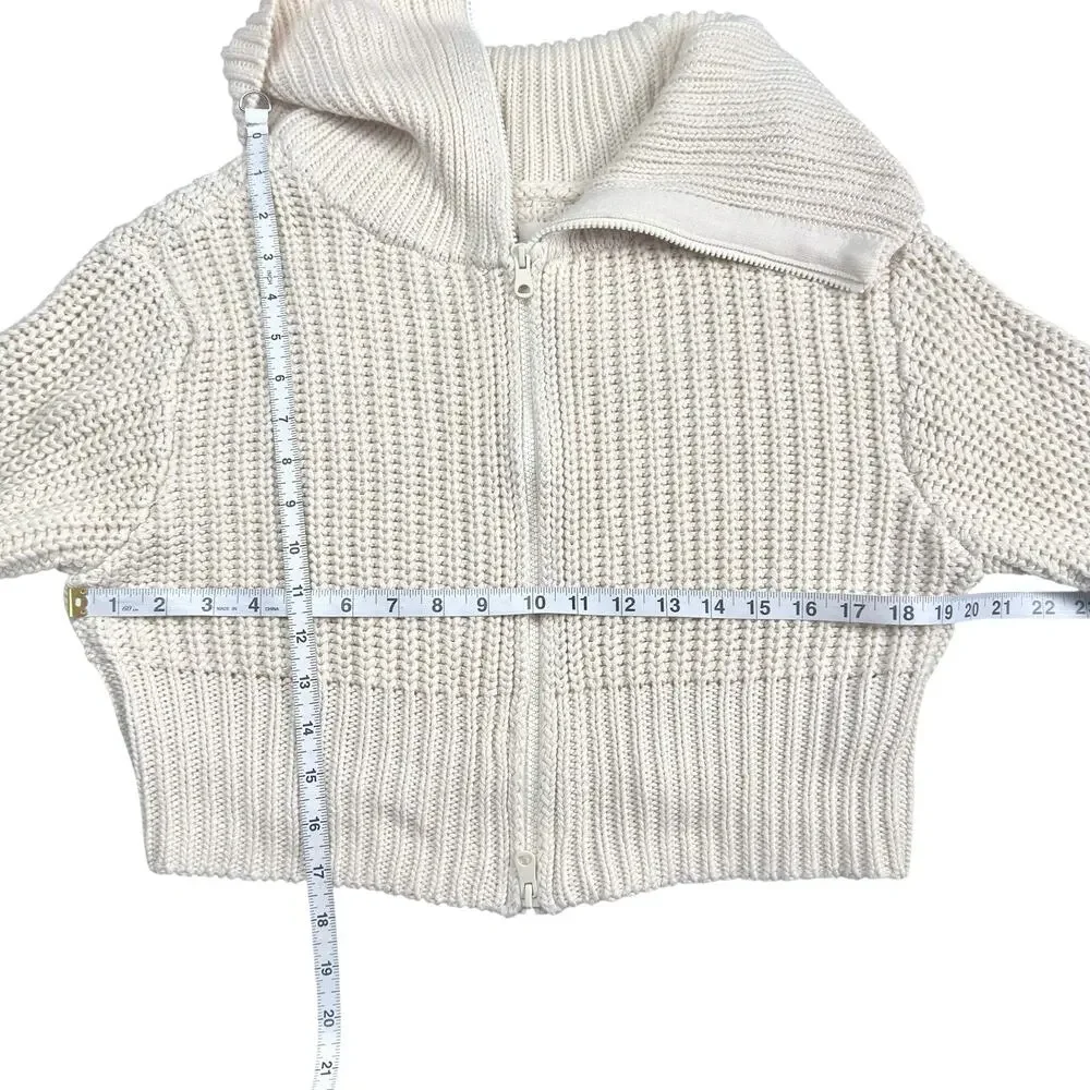 Aerie | Women | Double Zip Cream Ribbed Cotton Yarn Cropped Cardigan | Small